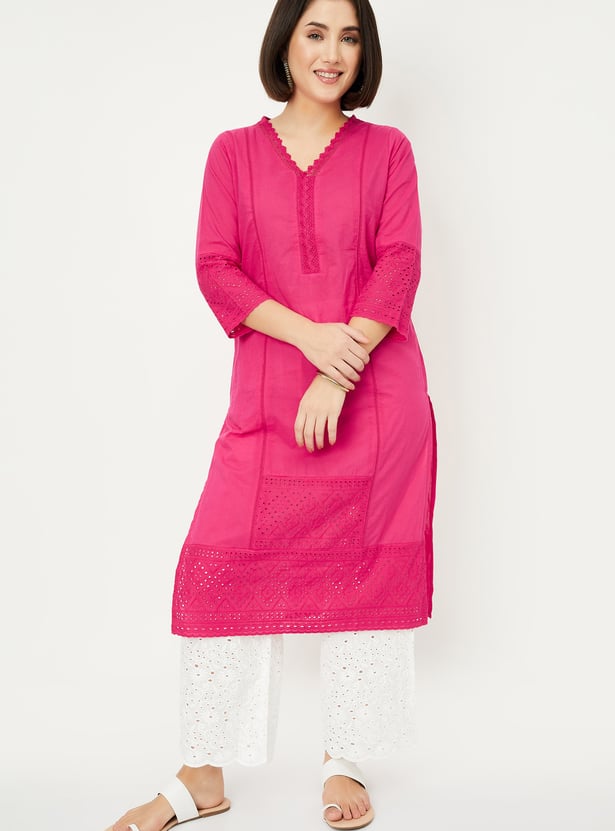 Women Schiffli Embroidered Straight Kurta
