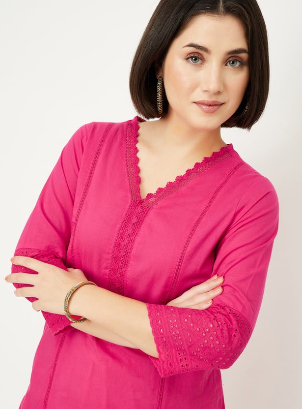 Women Schiffli Embroidered Straight Kurta