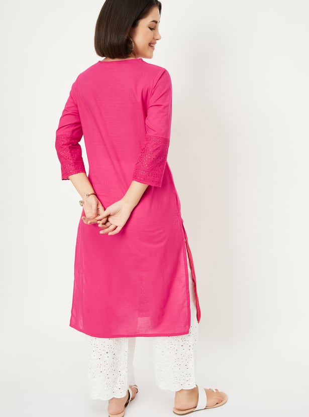Women Schiffli Embroidered Straight Kurta