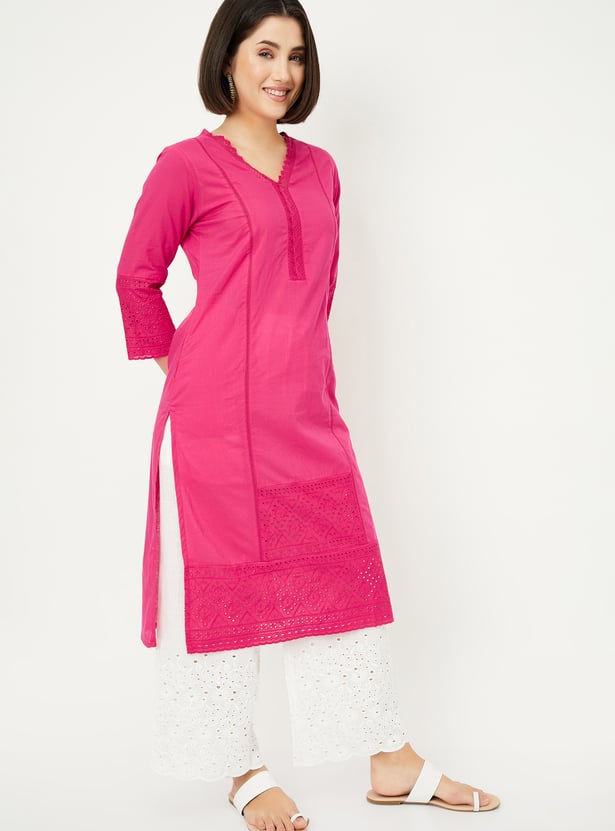 Women Schiffli Embroidered Straight Kurta